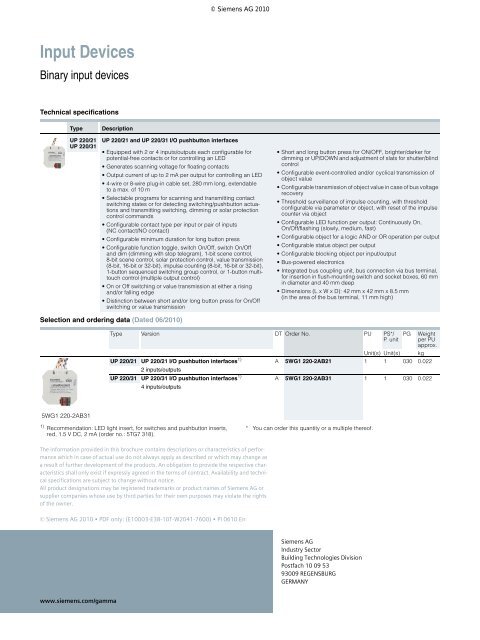 UP 220/21 I/O Pushbutton Interface UP 220/31 I/O ... - Siemens