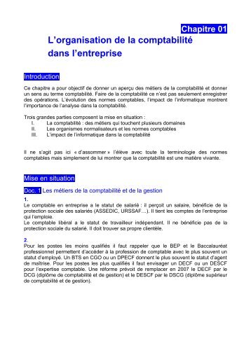 Chapitre 01 L'organisation de la comptabilitÃ© dans l'entreprise