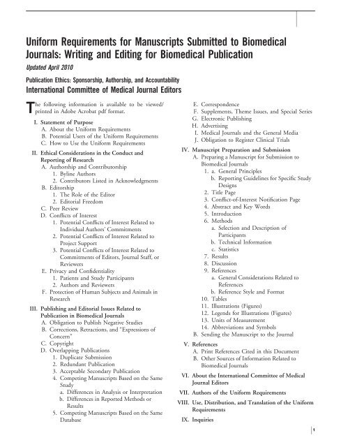Uniform Requirements for Manuscripts Submitted to Biomedical 