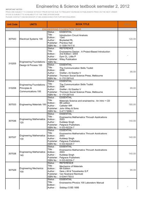 Engineering & Science textbook semester 2, 2012