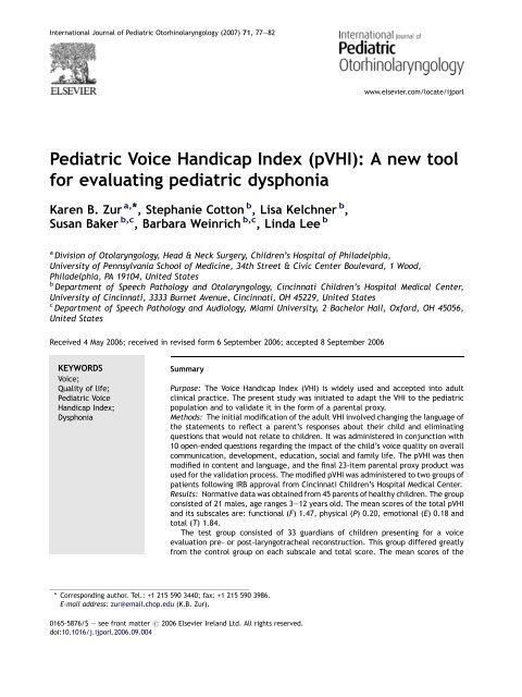 Pediatric Voice Handicap Index (pVHI): A new ... - Special Education