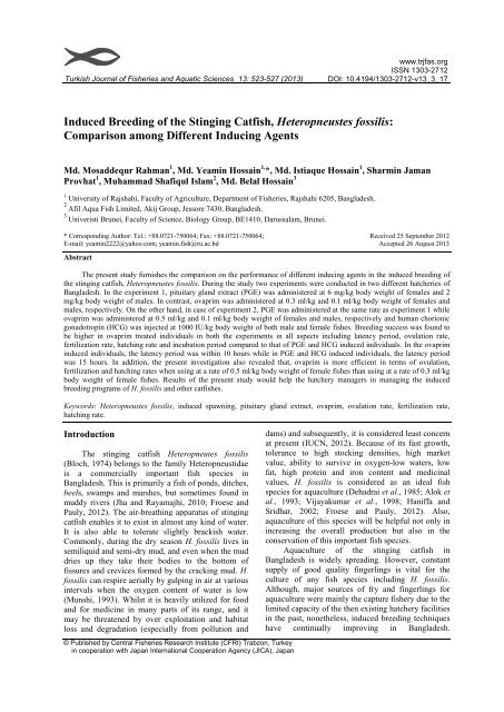 Induced Breeding of the Stinging Catfish, Heteropneustes fossilis ...