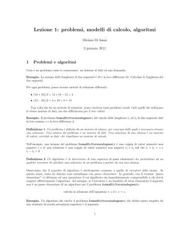 Lezione 1: problemi, modelli di calcolo, algoritmi