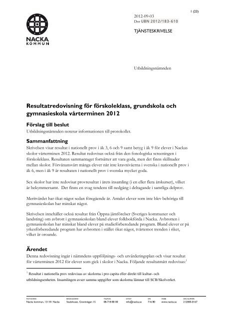 Läs hela skrivelsen och se resultat per skola. - Nacka kommun