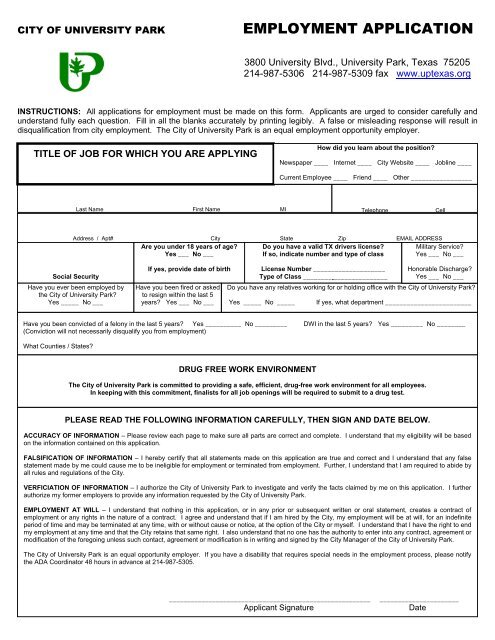 Job Application Form City Of University Park