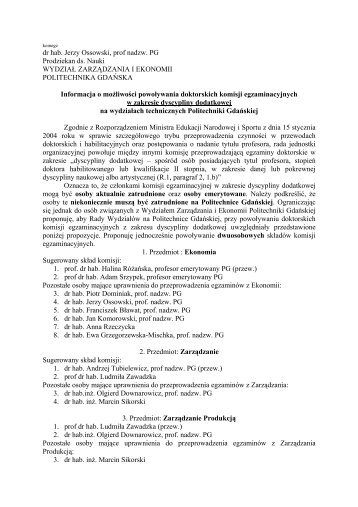 dr hab. Jerzy Ossowski, prof nadzw. PG Prodziekan ds. Nauki ...