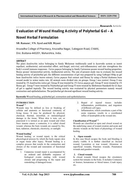 Evaluation of Wound Healing Activity of Polyherbal Gel â A Novel ...