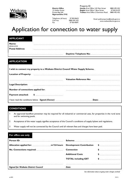 Water Connection Form.pdf Application for connection to water supply - Waikato District Council