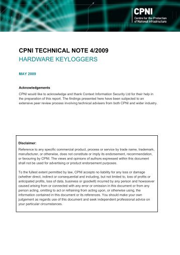 Hardware Keyloggers - CPNI technical note 4/2009