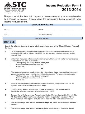 Income Reduction Form I 2013-2014 - South Texas College