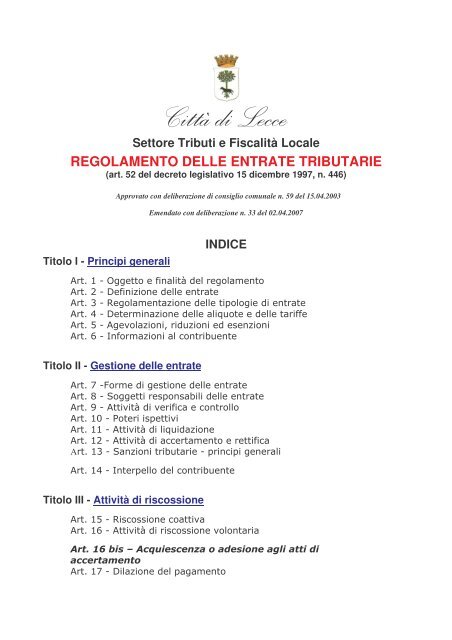 Regolamento Entrate Tributarie - Comune di Lecce
