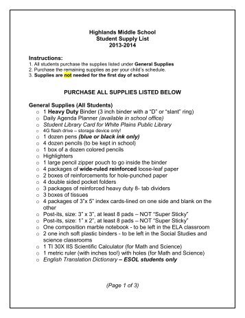 Highlands Supply List for 2013-2014 - White Plains Public Schools