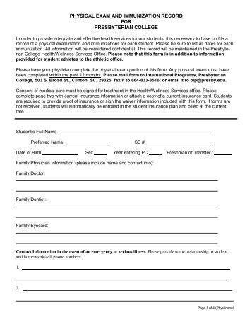 Physical Exam and Immunization Record Form - Presbyterian College