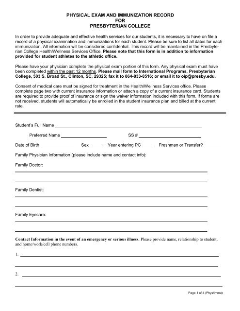 Physical Exam and Immunization Record Form - Presbyterian College