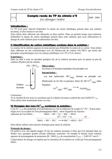 Compte rendu du TP de chimie nÂ°9 Les dosages rÃ©dox