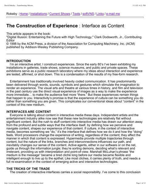 : Interface as Content The Construction of Experience - ec(h)o