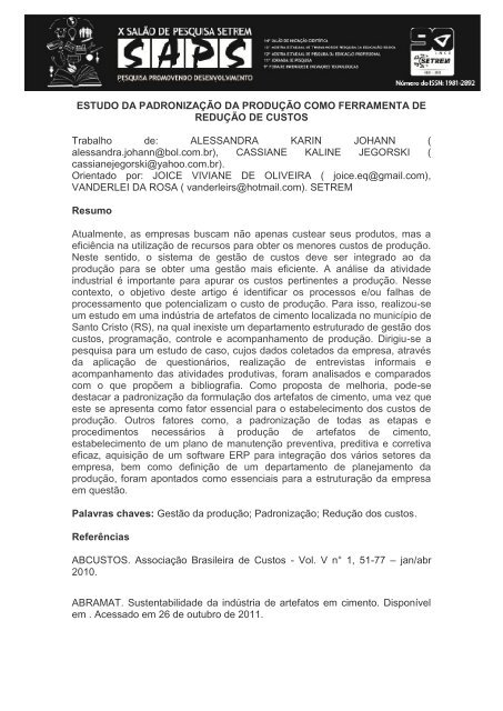 estudo da padronizaÃ§Ã£o da produÃ§Ã£o como ferramenta de ... - Setrem