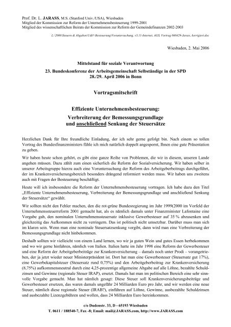 Vortragsmitschrift Effiziente Unternehmensbesteuerung ... - Jarass