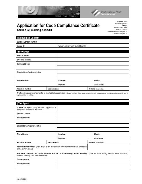 Application for Code Compliance Certificate - Western Bay of Plenty ...