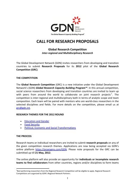 Call For Rearch CALL FOR RESEARCH PROPOSALS - Global Development Network
