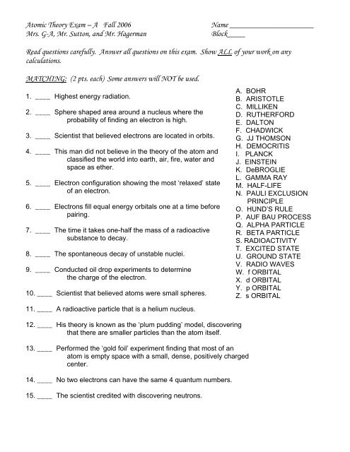 2nd Atomic Theory Test Version A