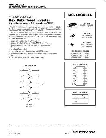 Hex Unbuffered Inverter MC74HCU04A - Datasheets