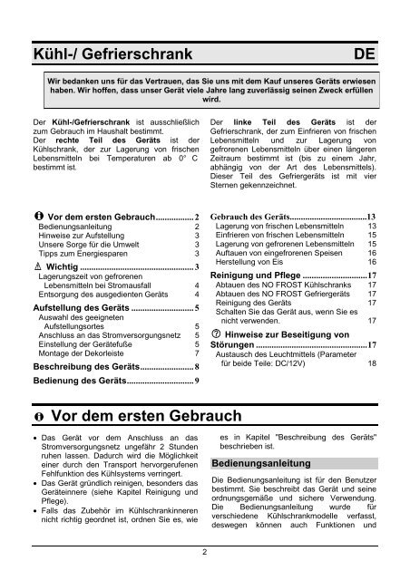 DE – Bedienungsanleitung Kühl-/ Gefrierschrank - Quelle