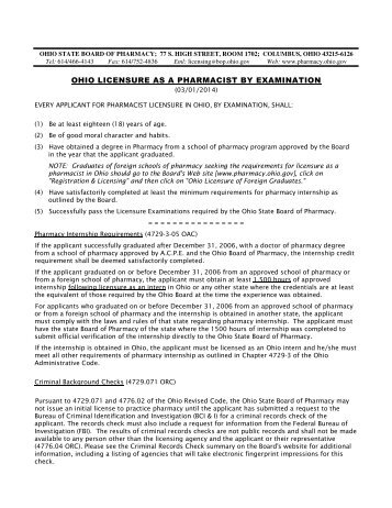 REQUIREMENTS ~ Ohio Licensure As A Pharmacist By Examination