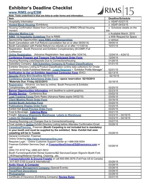 Exhibitor's Deadline Checklist - RIMS