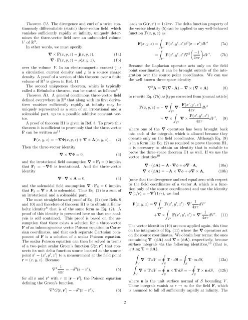 Three-vector and scalar field identities and uniqueness theorems in ...