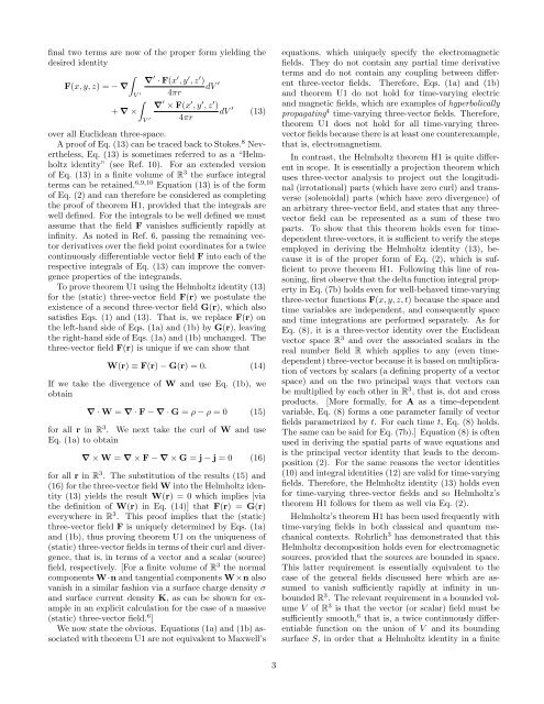 Three-vector and scalar field identities and uniqueness theorems in ...