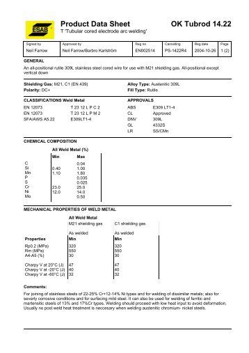 Product Data Sheet OK Tubrod 14.22 - Eurocardis