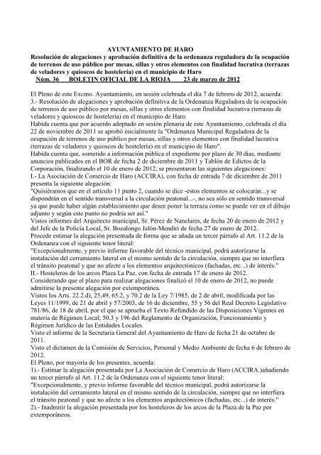 aprobaciÃ³n definitiva de la ordenanza municipal reguladora ... - Haro