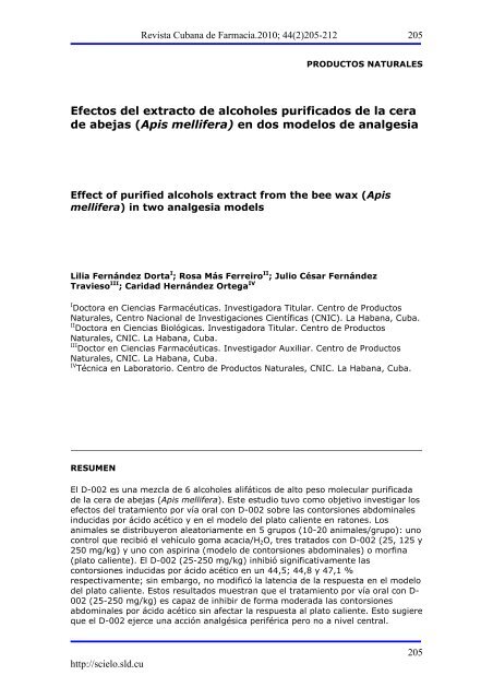 (Apis mellifera) en dos modelos de analgesia - SciELO