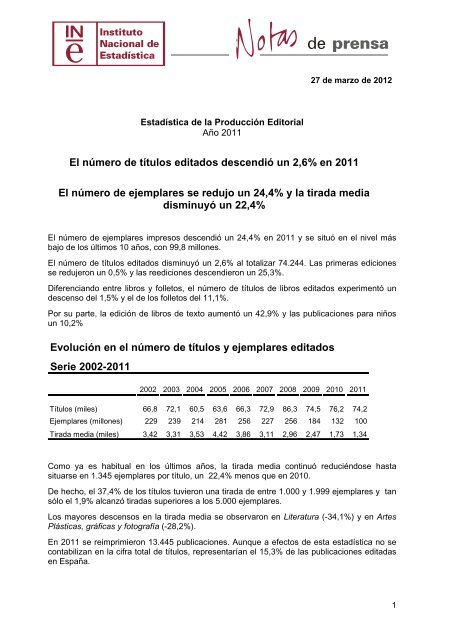 EstadÃ­stica de la ProducciÃ³n Editorial. AÃ±o 2011 - Instituto Nacional ...