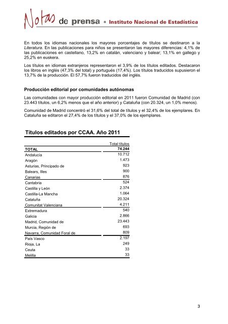 EstadÃ­stica de la ProducciÃ³n Editorial. AÃ±o 2011 - Instituto Nacional ...