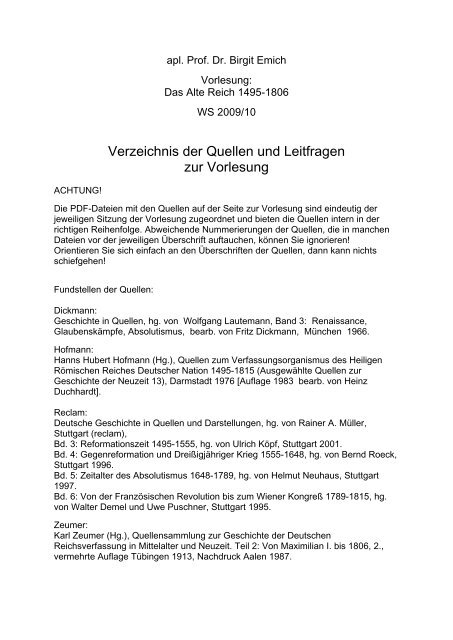 Verzeichnis der Quellen und Leitfragen zur Vorlesung