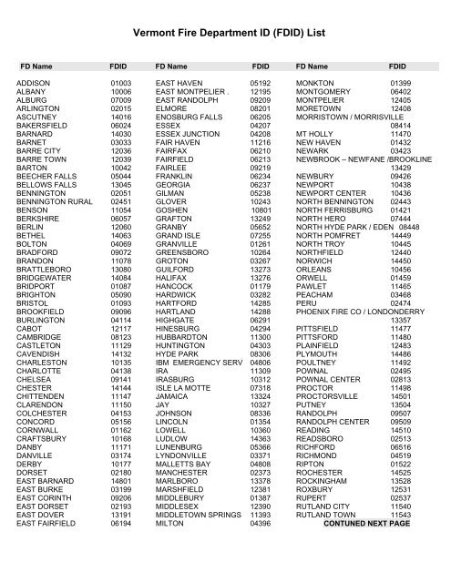 Vermont Fire Department Id Fdid List Vermont Division Of Fire