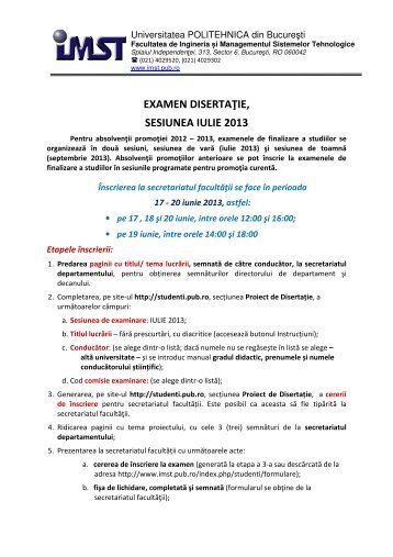 EXAMEN DISERTAŢIE, SESIUNEA IULIE 2013 - IMST