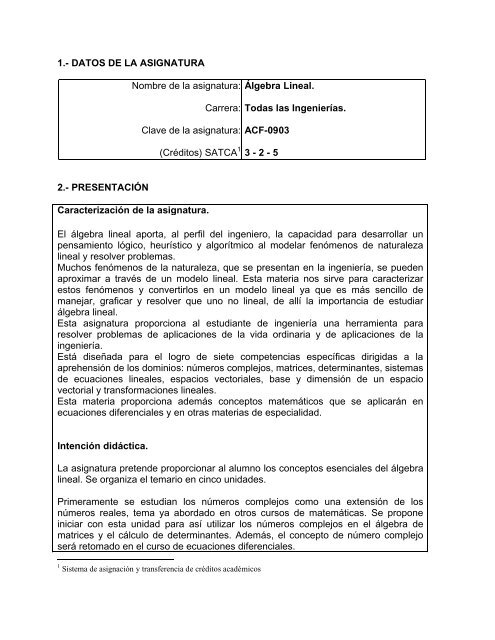 Carrera Clave De La Asignatura Cra C Ditos Satca A Lgebra Lineal