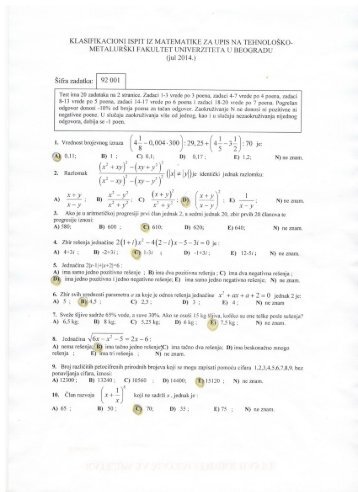 Zadaci sa prethodnih prijemnih ispita iz Matematike