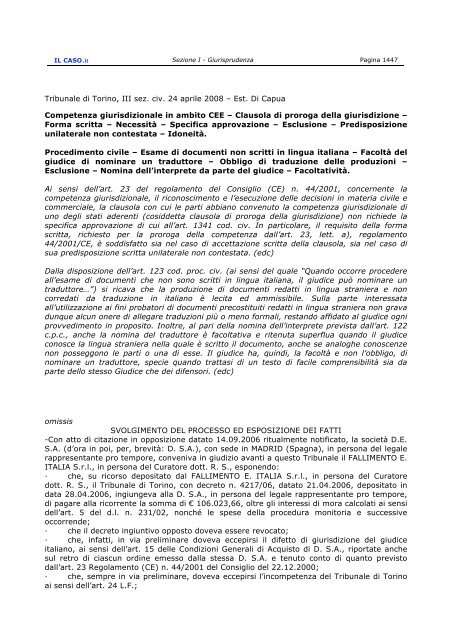 Trib Torino 24 Aprile 2008 Proroga Giurisdizione Dipartimento Di