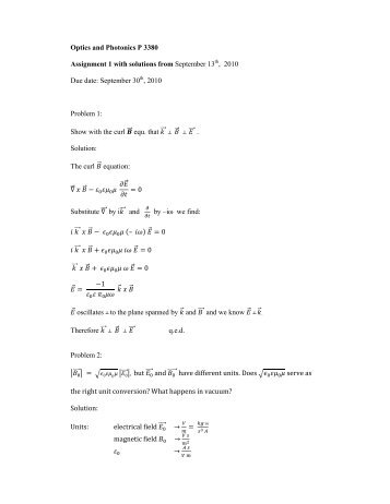 Optics and Photonics P 3380 Assignment 1 with solutions from ...