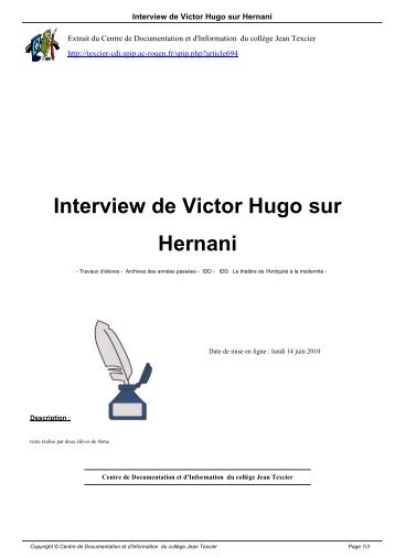 Interview de Victor Hugo sur Hernani - Centre de Documentation et ...