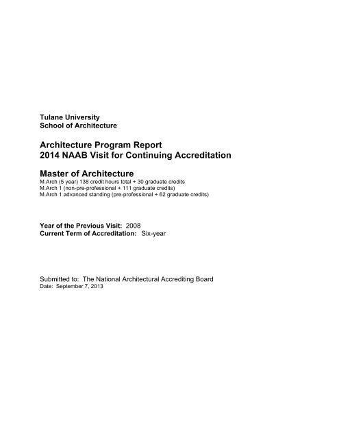 NAAB Architecture Program Report (APR) 2013 - Tulane School of ...
