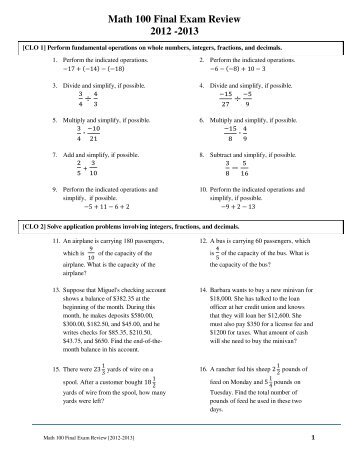 Math 100 Final Exam Review 2012 -2013