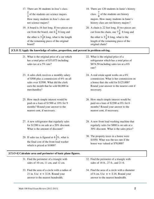 Math 100 Final Exam Review 2012 -2013