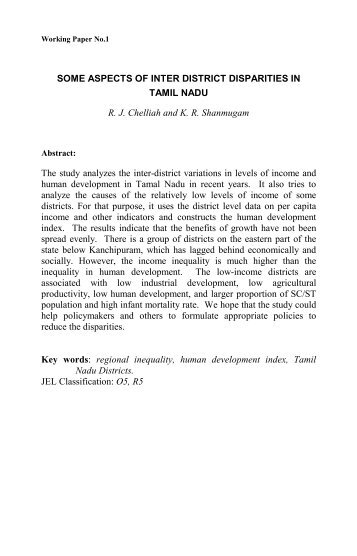 Some Aspects of Inter District Disparities in Tamil Nadu.