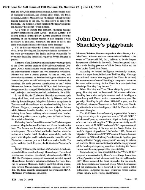 John Deuss, Shackley's Piggybank - Executive Intelligence Review