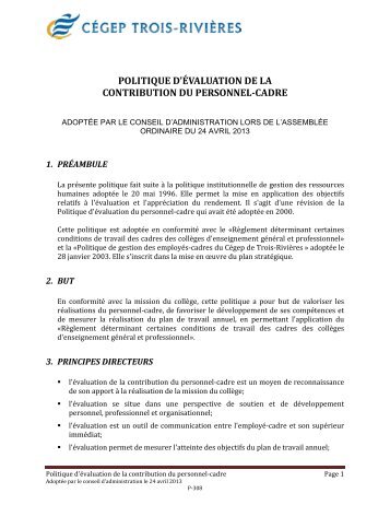 politique d'évaluation de la contribution du personnel-cadre